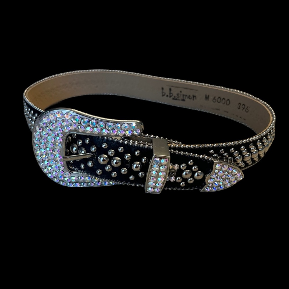 B.B. Simon M6000 Black Leather Belt with Silver and Iridescent Accents - Picture 4 of 12